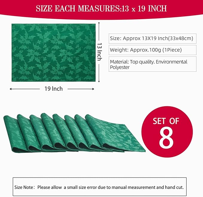 Cloth Place Mats Set of 8–Reusable Rectangular Waterproof Fabric Polyester Washable Wipeable Heat Resistant jacquard floralflowers for Kitchen Dining Dinner Wedding Table(Dark Green/13x19Inch)