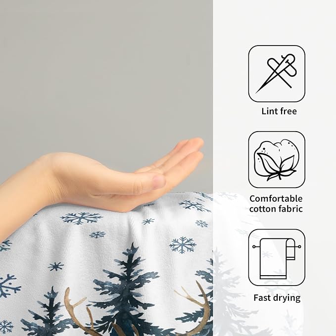 Imiss Blue Forest Deer Hand Towels Set of 2，Snowflake Reindeer Fingertip Towels Pine Tree Decorative Bathroom Towel 14.4 x 28.3 Inch for Winter Xmas Holiday Decor