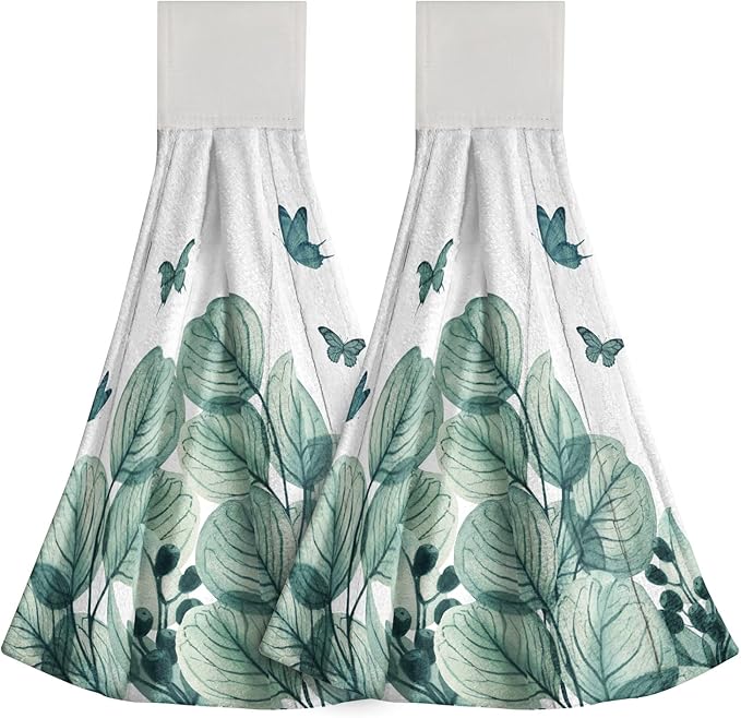 Green Leaf Hand Towels Eucalyptus Plant Hanging Kitchen Towels 2 Pcs Soft Dish Cloth with Loop Tie Towels for Bathroom Laundry Gym