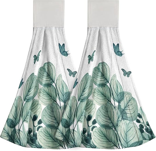 Green Leaf Hand Towels Eucalyptus Plant Hanging Kitchen Towels 2 Pcs Soft Dish Cloth with Loop Tie Towels for Bathroom Laundry Gym