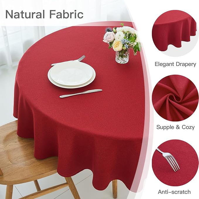 maxmill Round Linen Textured Tablecloth Spill-Proof Wrinkle Free Washable Wipeable Table Cloth for Circular Table Cover, Dining Room Tablecloths Banquet Christmas Party Holiday Dinner, 70 Inch, Red