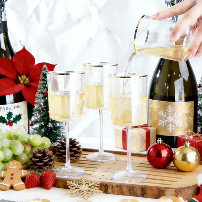 Ciaell 12 Pack Plastic Wine Glasses - 10 Oz Plastic Wine Glasses with Stem - Gold Rim Disposable Cups for Parties & Weddings & Poolside & Toasting & Outdoors & Christmas & New Year