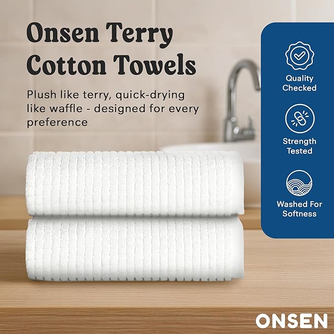 ONSEN Terry Cotton Waffle Hand Towel Set – 2 Pack Luxury Cotton Hand Towels, Quick Dry & Absorbent Bathroom Towels – Soft, Lightweight, Durable Towels for Bathroom Essentials (White, 20x30 in)