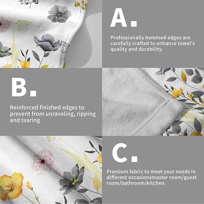 Imiss Grey Yellow Poppy Floral Hand Towel 14.4 x 28.3 Inch Watercolor Botanical Leaf Fingertip Towel Bath Washcloth for Bathroom Kitchen Home Spa，Set of 2