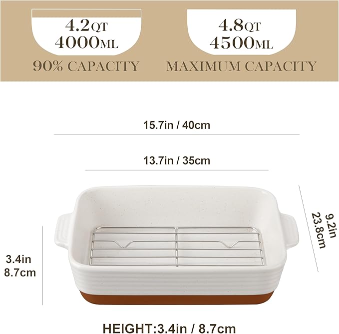 MALACASA Baking Dish with Rack, 4.8 Qt Ceramic Roasting Pan with Stainless Steel Drip Rack, 9x13 Inch Deep Casserole Dish with Handles, Oven Safe Lasagna Pan for Baking & Serving (Khaki & White) - Series Tara