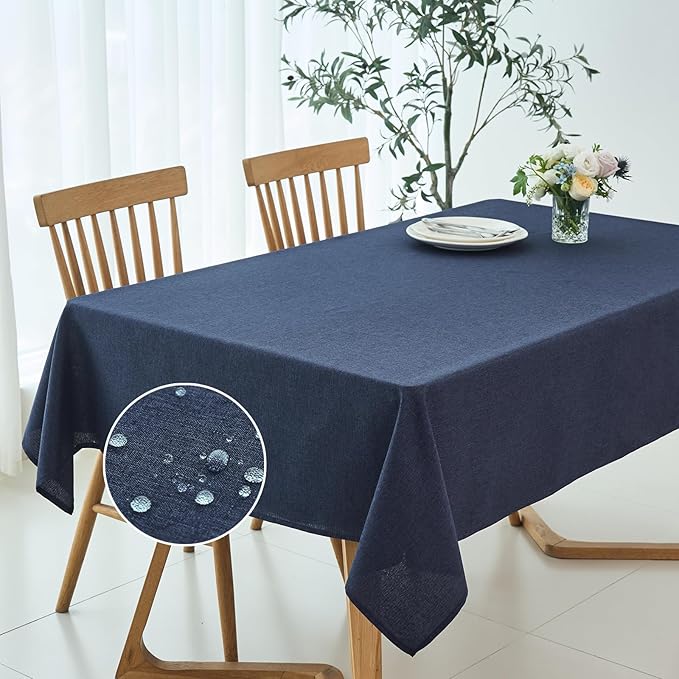 maxmill Linen Textured Rectangular Tablecloth Water Resistant Wrinkle Free Spillproof Stain Proof Table Cloth for Dining Room Decoration, Banquet Party Wedding Holiday Dinner, 60 x 84 Inch Navy Blue