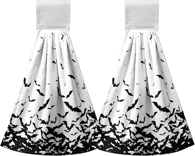 Halloween Hanging Kitchen Towels Spooky Bats Hand Tie Towel Scary Black Halloween Dish Tea Towels with Loop or Tabletop Bathroom Home Decorations