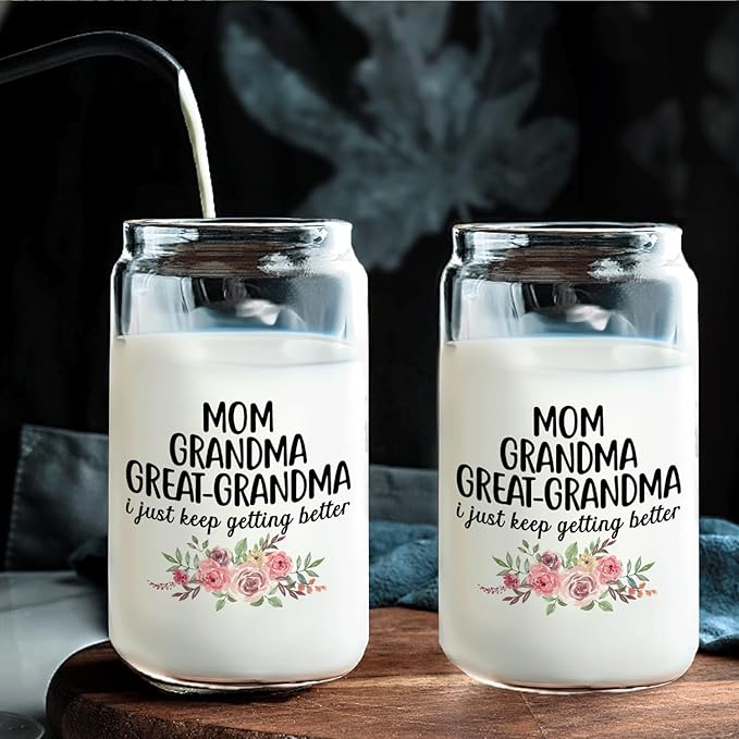 Great Grandma GiftsBaby Announcement Glass Cup with Lids and Straws 14oz, Pregnancy Announcement for Great Grandma, Glass Coffee Tumbler Drinking Jars with Cleaning Brush