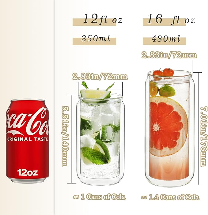 LIBWYS 16oz Double Wall Drinking Glass Cups with Bamboo Lids and Straws, 2 Pc Set – Condensation Resistant Insulated Glass Can Tumblers for Cold Drinks, Iced Coffee, Tea, Juice, Cleaning Brush