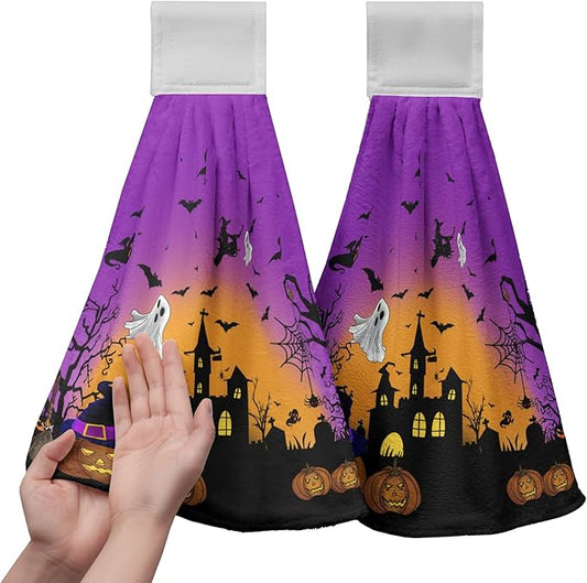 Halloween Pumpkin Hanging Kitchen Towels 2 Pcs Spooky Ghost Bat Hand Tie Towels Scary Night Dish Towel with Hanging Loop Soft Absorbent Washcloth for Bathroom Bathroom Home Decor
