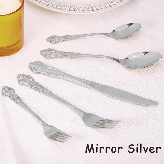 40 Piece Gorgeous Retro Royal Silverware Set for 8, Premium Stainless Steel Flatware Set with gift box, Mirror Polished Cutlery Set Including Spoons and Forks, Vintage Utensils, Dishwasher Safe