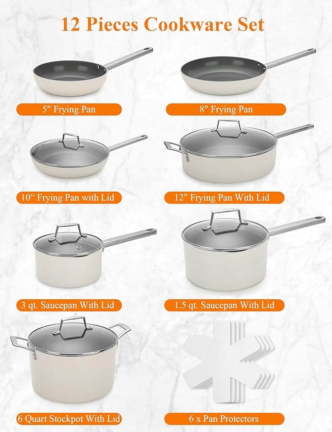 Nonstick Ceramic Cookware Set Healthy Pots And Pans Set Induction Kitchen Cookware sets Non Toxic Pots And Pan Set,PFOA ＆ PTFE Free (18 pcs)