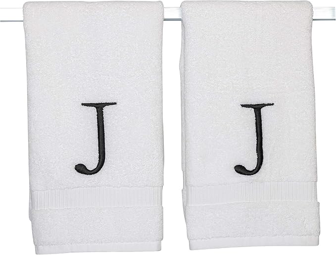 Black Letter Hand Towel for Bathroom - Monogrammed Initial Hotel Quality Decorative Embroidered Towel for Powder Room, Spa - GOTS Organic Certified - Set of 2 Letter J