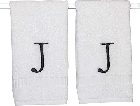 Black Letter Hand Towel for Bathroom - Monogrammed Initial Hotel Quality Decorative Embroidered Towel for Powder Room, Spa - GOTS Organic Certified - Set of 2 Letter J