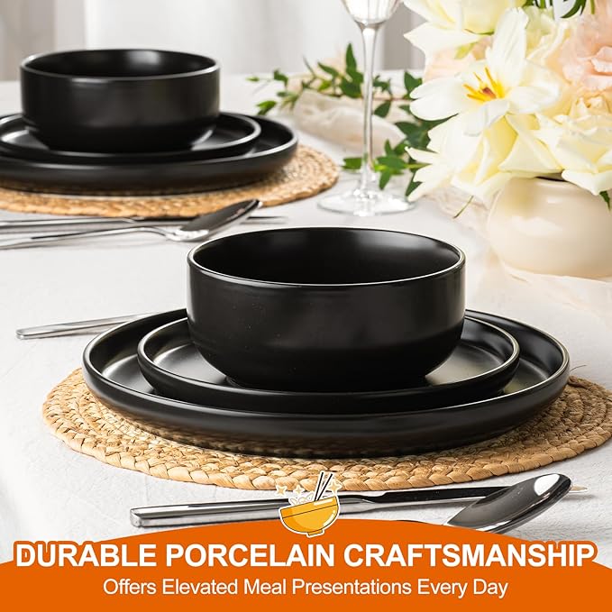 EWFEN Plates and Bowls Sets, Dinnerware Sets for 8, 24 Pieces Scratch Resistant Dishware Dishes Set, Ceramic Kitchen Dinner Set, Porcelain & Microwave and Dishwasher Safe, Black