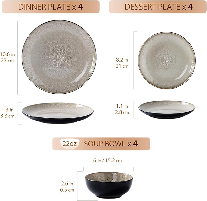 Plates and Bowls Sets for 4 - CJDC-QUELO 12-Piece Stoneware Dinnerware Sets, Ceramic Dishware Set for Kitchen Use and Formal Dining, Chip and Scratch Resistant Microwave Dishwasher Safe, Brown