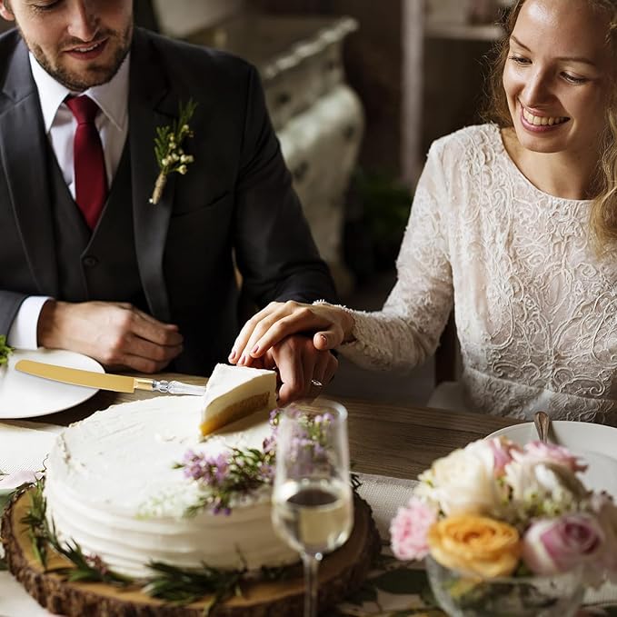 wedding knife and server set gold, Gold Cake Cutter and Pie Spatula, Cake Server and Knife Set of 2 with Crystal Handles, 1.2mm Thick Blades,Cake Cutting Set for Wedding Cake, Birthdays, and Parties