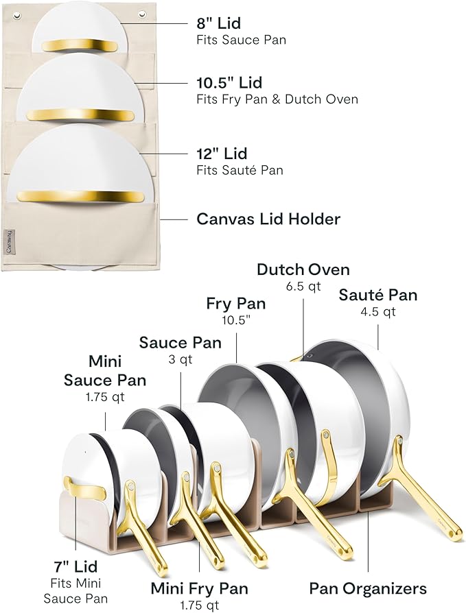 Caraway Deluxe Non-stick Ceramic Cookware Set (16 Piece) Pots, Frying Pans, Lids and Kitchen Storage - PFAS & PFOA Free - Oven Safe Pan Set & Compatible with All Stovetops - White
