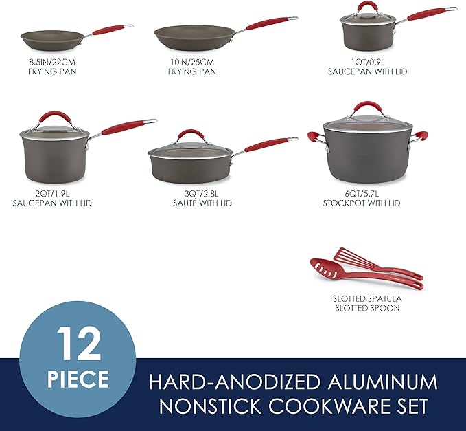 Rachael Ray - 87630 Rachael Ray Cucina Hard Anodized Nonstick Cookware Pots and Pans Set, 12 Piece, Gray with Red Handles