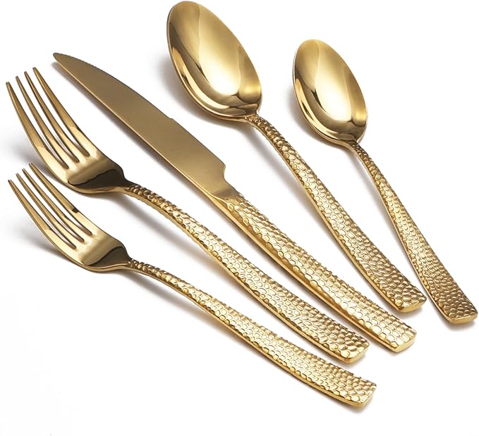 Gold Hammered Silverware Set, 40 Piece Stainless Steel Flatware Set for 8, Food-Grade Tableware Cutlery Set for Home Restaurant, Mirror Polished, Dishwasher Safe