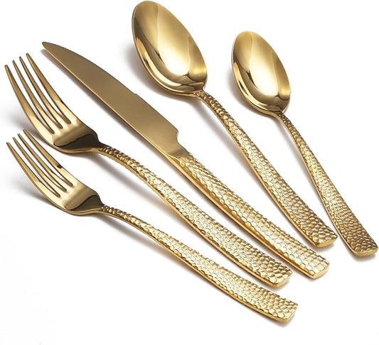 Gold Hammered Silverware Set, 40 Piece Stainless Steel Flatware Set for 8, Food-Grade Tableware Cutlery Set for Home Restaurant, Mirror Polished, Dishwasher Safe