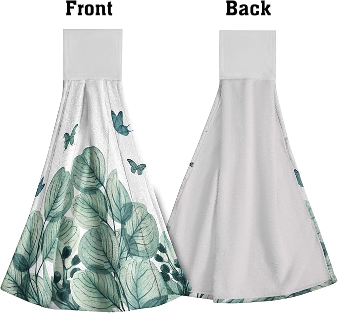 Green Leaf Hand Towels Eucalyptus Plant Hanging Kitchen Towels 2 Pcs Soft Dish Cloth with Loop Tie Towels for Bathroom Laundry Gym