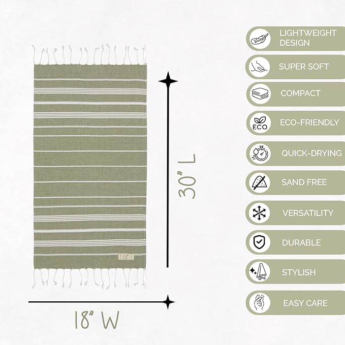 Hand Towels - Set of 2, 18" x 30" inches, Turkish Cotton owels for Bathroom Kitchen, Gym Towels - Thin Light Compact Travel Towels (Army Green)