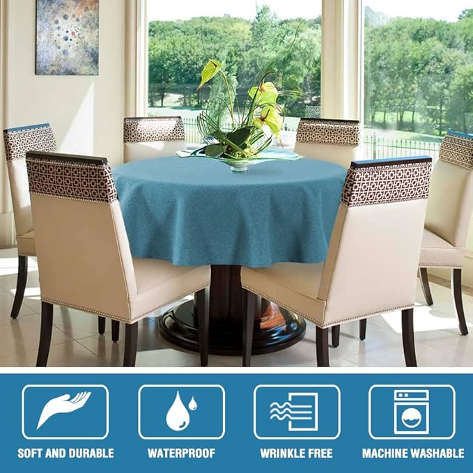 H.VERSAILTEX Linen Textured Tablecloth Round 70 inch Waterproof Decorative Table Cloth Spill-Proof Linen Look Cover for Party Table Extra Soft and Thick Fabric Wrinkle Free, Heather Storm Blue