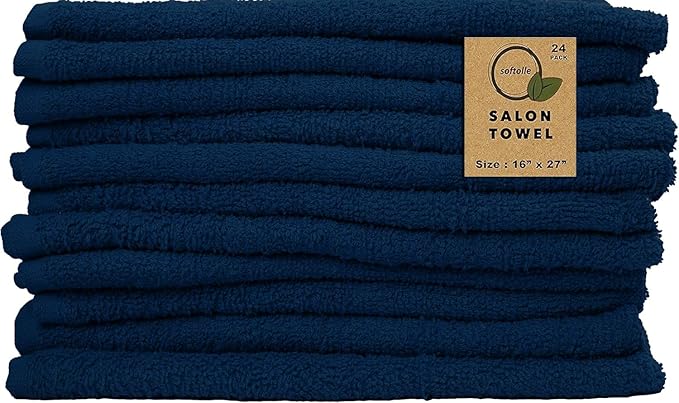 Softolle Salon Towels – Pack of 24 (16"x27") 100% Cotton Ring Spun (Not Bleach Proof) Ultra Soft, Highly Absorbent Hand Towels – Bulk for Spa, Gym & Salon (Navy Blue)