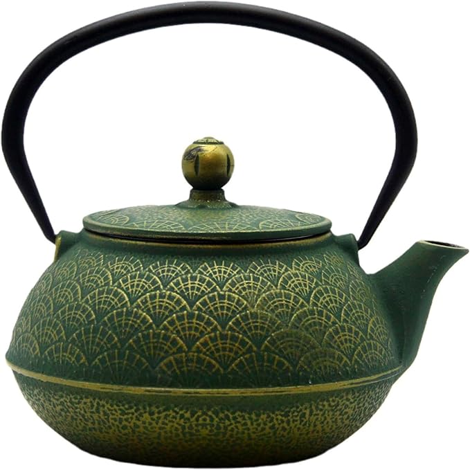 900ml Cast Iron Tea Kettle,SECHUDO Teapot Coated with Enameled Interior for Loose Leaf, Small Cast Iron Teapot with Strainer for Stovetop Safe, Green Iron Kettle(30.4oz)