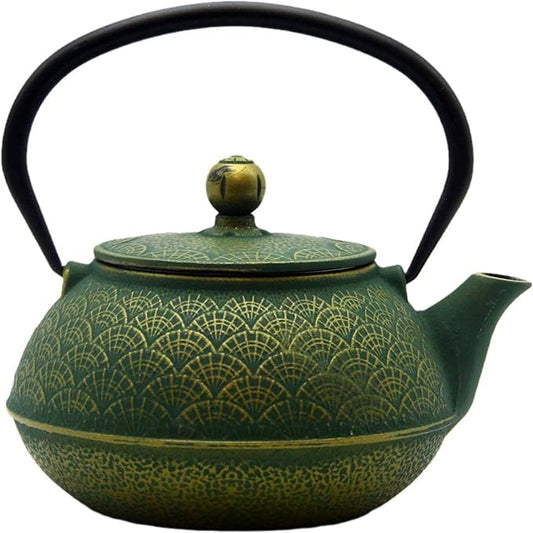 900ml Cast Iron Tea Kettle,SECHUDO Teapot Coated with Enameled Interior for Loose Leaf, Small Cast Iron Teapot with Strainer for Stovetop Safe, Green Iron Kettle(30.4oz)