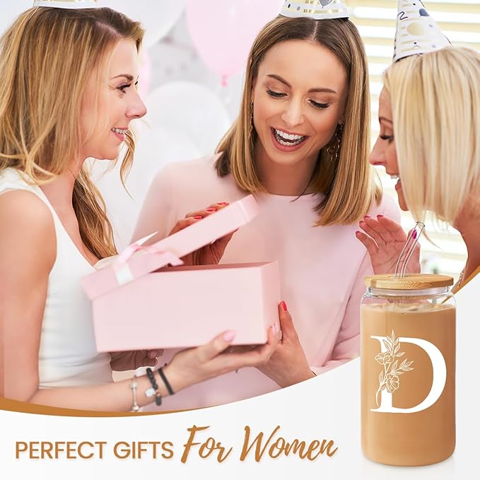 SANDJEST Monogrammed Gifts for Women - Monogram D Initial Glass Cup 16 Oz Can Coffee Cups with Lid and Straw - Monogram Initials Gifts for Womens on Birthday