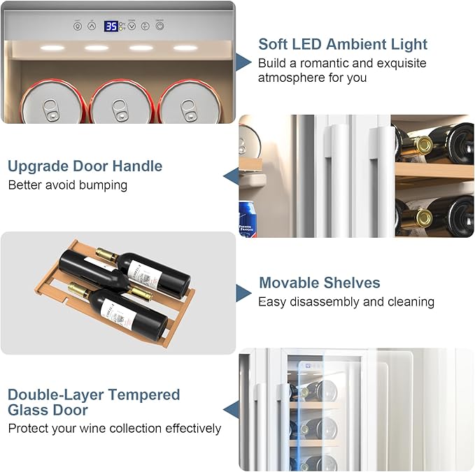 Wine and Beverage Refrigerator, 24 Inch Beverage Cooler Dual Zone with Glass Door, Under Counter Beverage Fridge with Upgraded 65 Cans 18 Bottles Large Capacity, White