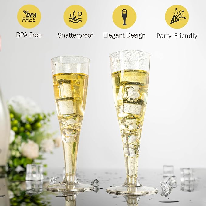 N9R Plastic Champagne Flutes - 100 Count 4.5 Oz Gold Glitter Plastic Disposable Champagne Glasses for Party Wedding Birthday Cocktail Cups