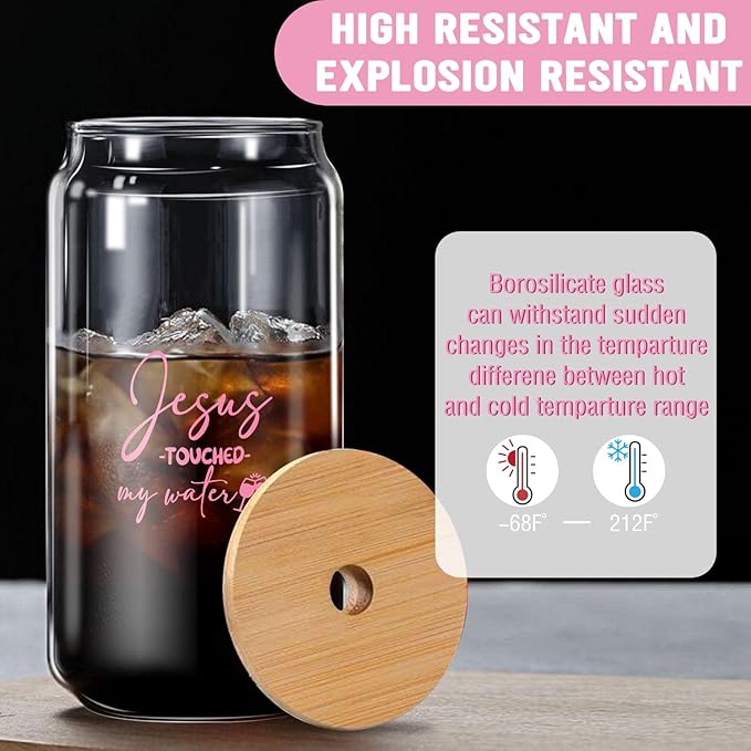Jesus Touched My Water Funny Christian Tumbler - 16oz Novelty Glass Cup with Lid, Humorous & Inspirational Gift for Christian Women, Mom, Sister, Friend