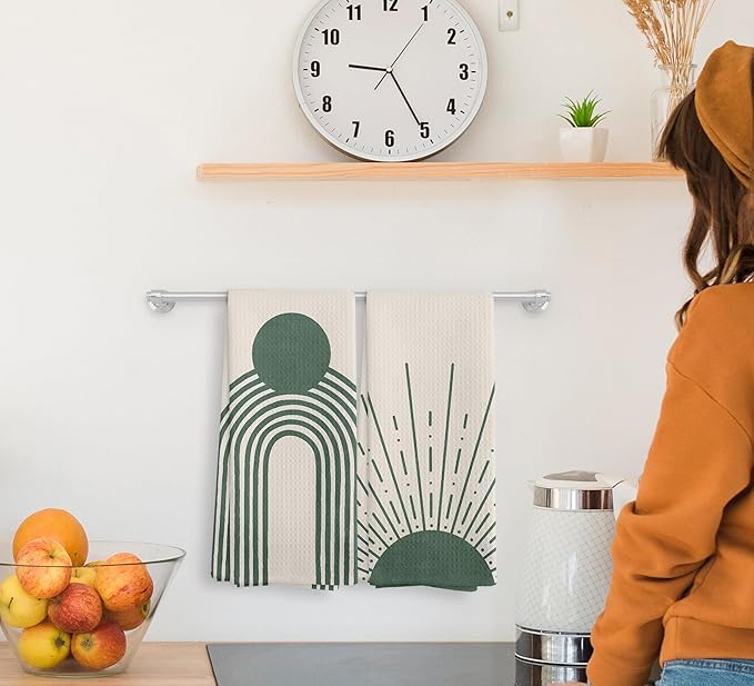 Beige Green Sunrise Moon Rainbow Kitchen Towels and Dishcloths Sets of 2, Bohemian Decorative Towels, Abstract Arch Drying Cloth Hand Towels for Bohemian Bathroom Kitchen Decor, 16×24 Inches