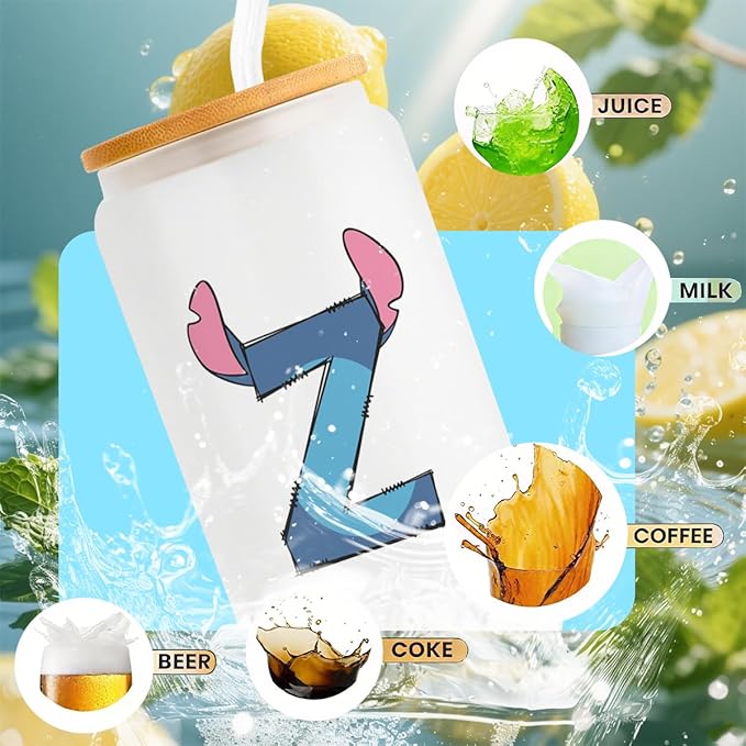 Cute Cartoon Lover Gifts Initial A-Z Personalized Iced Coffee Cup Cartoon Merch 16oz Glass Cup with Lid and Straws Birthday Christmas Gifts for Women Teen Girls Fans (Letter Z)