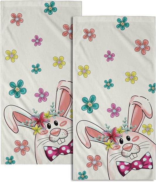 Imiss Funny Bunny Hand Towels Set of 2 - Cute Rabbit Colorful Floral Bathroom Towels 14.4 x 28.3 Inch Easter Decorative Hand Tea Dish Cloth for Kitchen Gym Spa Hotel