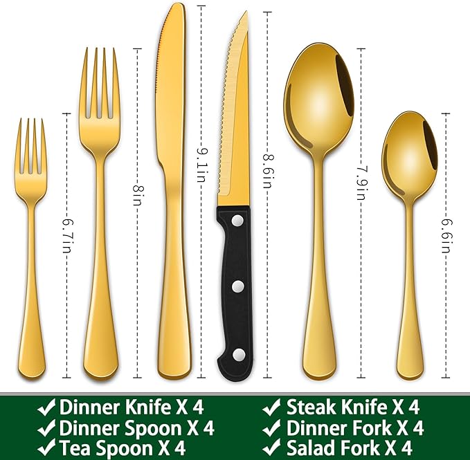 24-Piece Gold Silverware Set with Steak Knives,Golden Flatware Sets Service For 4 Person For Home,Party,Restaurant,Durable Cutlery Sets,Includes Knife Spoon and Forks Sets