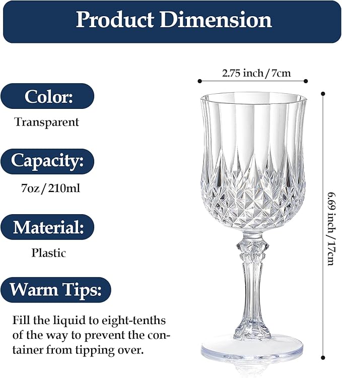 XUWAIDSGN 48 Pcs 7oz Plastic Vintage Wine Glasses Drinking Glasses Unbreakable Wedding Glassware Crystal Water Goblets Reusable Drinkware Vintage Champagne Flutes (48, Clear)