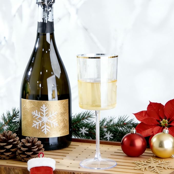 Ciaell 12 Pack Plastic Wine Glasses - 10 Oz Plastic Wine Glasses with Stem - Gold Rim Disposable Cups for Parties & Weddings & Poolside & Toasting & Outdoors & Christmas & New Year
