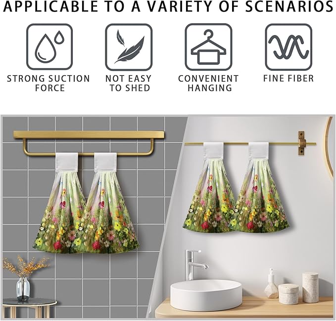 Spring Flowers Hanging Kitchen Towel with Loop 2 Pcs Wild Floral Hand Tie Towel for Bathroom Summer Green Haning Dish Towels Soft Absorbent for Kitchen Bathroom Home Decor Aceesories