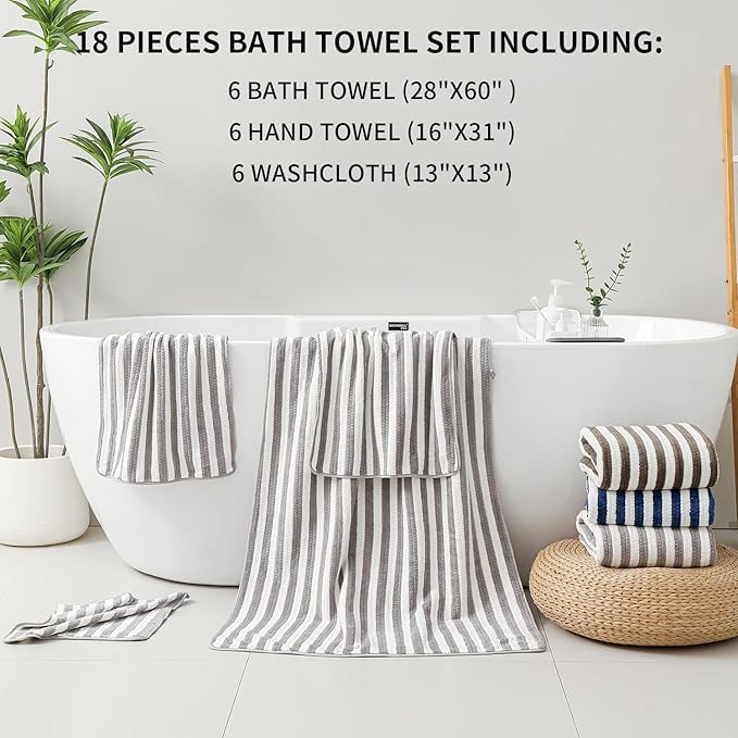 18-Piece Microfiber Bath Towels Set - 6 Bath Sheet, 6 Hand Towels, 6 Washcloths, Soft, Highly Absorbent Bathroom Towel, Quick Dry & Less Lint Shower towel for Bathroom, Hotel, Spa, Dorm-Light Grey