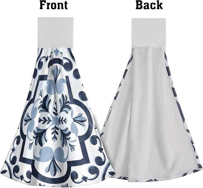 Giwawa Navy Flower Kitchen Hand Towels Modern Boho Hanging Tie Towels Fast Drying Dish Cloth with Loop 2 PCS for Bathroom Restroom Home Decor