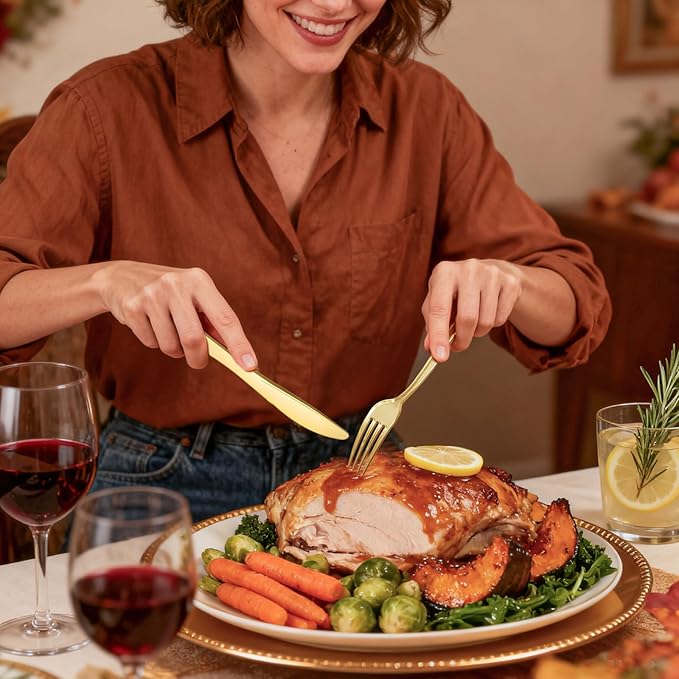 WDF 160 Piece Gold Plastic Silverware - Heavy Duty Gold Silverware Includes 80 Forks, 40 Spoons, 40 Knives, Plastic Utensils Perfect for Wedding, Christmas Party