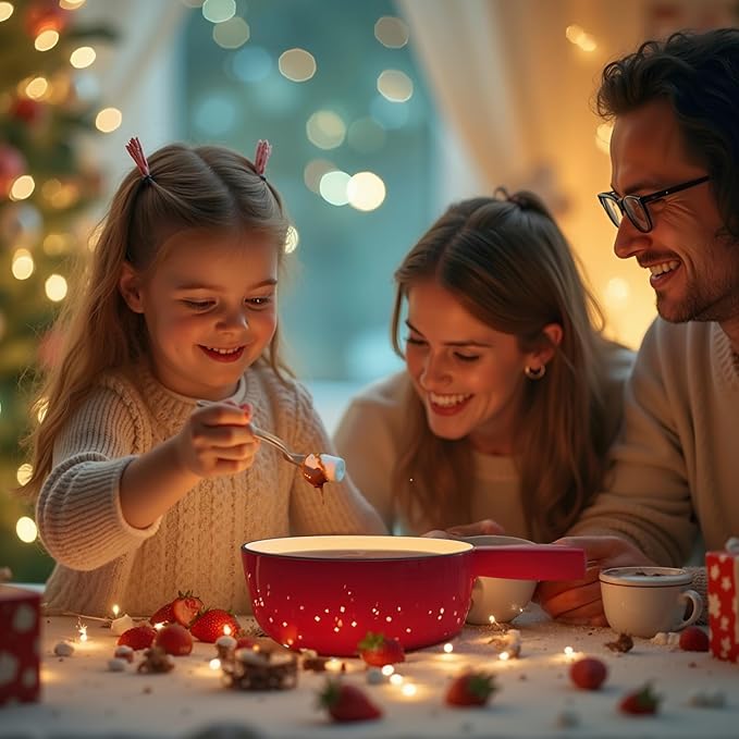 Artestia Cast Iron Swiss Fondue Set – Swiss Traditional 2L Cheese & Chocolate Fondue Pot for 4-6 People – Ideal for Melting Cheese, Chocolates, Caramel, & More, Red