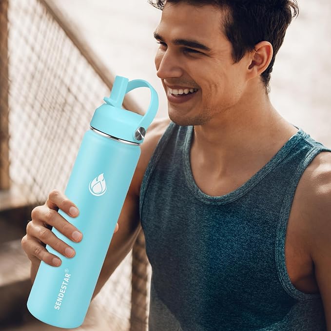 SENDESTAR Stainless Steel Wide Mouth Water Bottle 24oz Double Wall Vacuum Insulated Leak Proof Bottle with New Flex Straw Lid & Spout Lid XIN-MI-0750-1