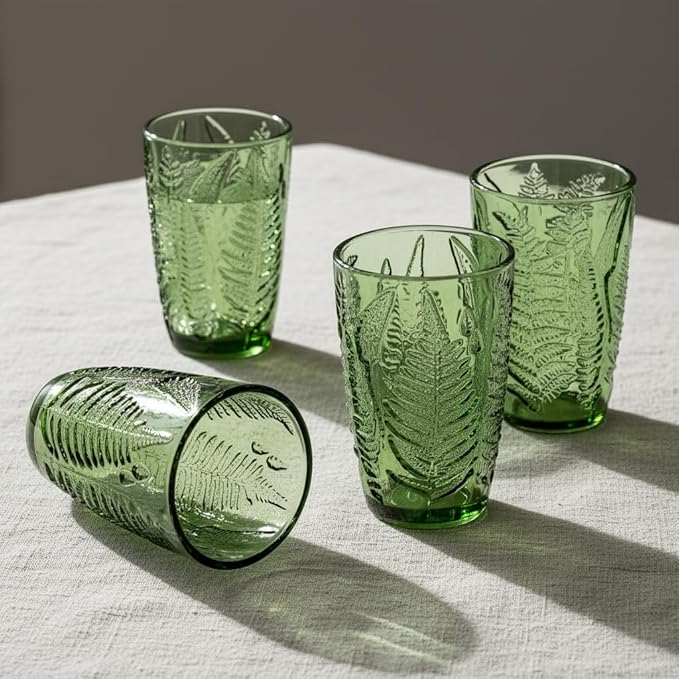Green Drinking Glasses Set of 4, 12 oz Handcrafted Vintage Drinking Glasses, Fern Embossed Antique Glassware, Boho Aesthetic Textured Glass Cups, Colored Highball Tumblers, Retro Drinkware Gift Set