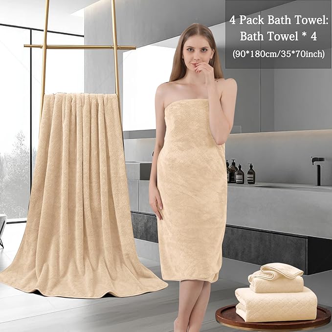 4 Piece Extra Large Bath Towels 35x70 Inches - Luxury 600 GSM Oversized Bath Sheet Towel,Ultra Soft Microfiber - Quick Dry,Highly Absorbent Shower Towels Spa Hotel Bathroom Towel Set (Light Yellow)