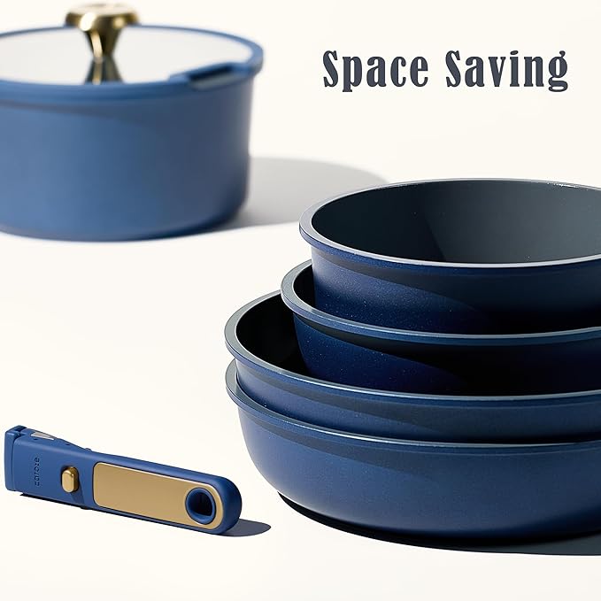 CAROTE Blue&Gold Ceramic Cookware Set Non Toxic, PFAS Free,15Pcs Pots and Pans Set Non Stick Detachable/Removable Handle,Kitchen Cooking Set Dishwasher Safe, Nonstick Pot and Pan, Induction Cookware